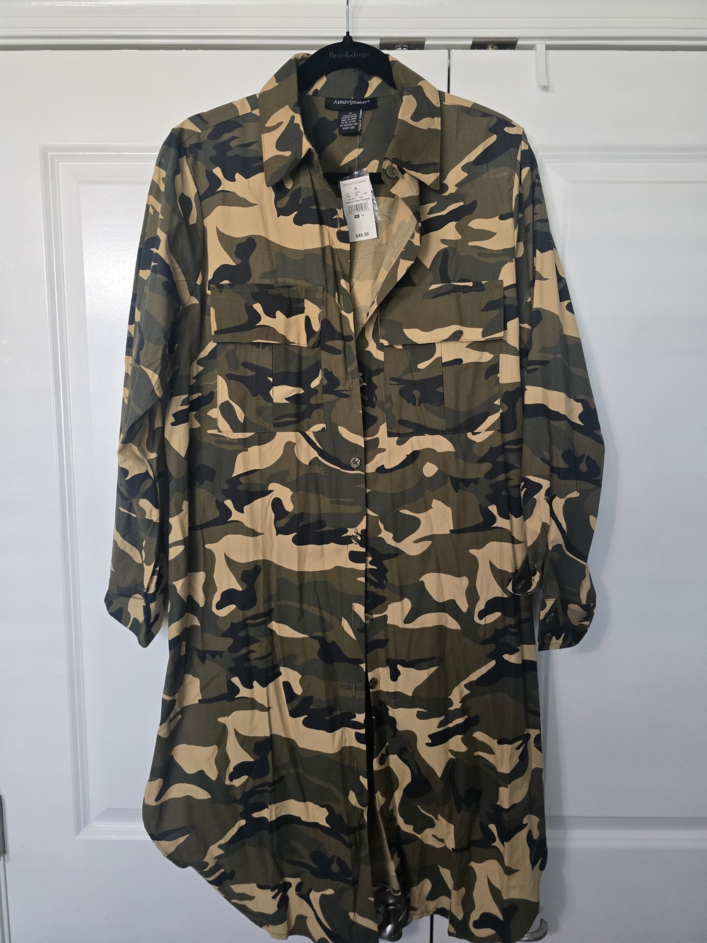 Ashley Stewart Camouflage Utility Shirt Dress - Green, Tan, Black